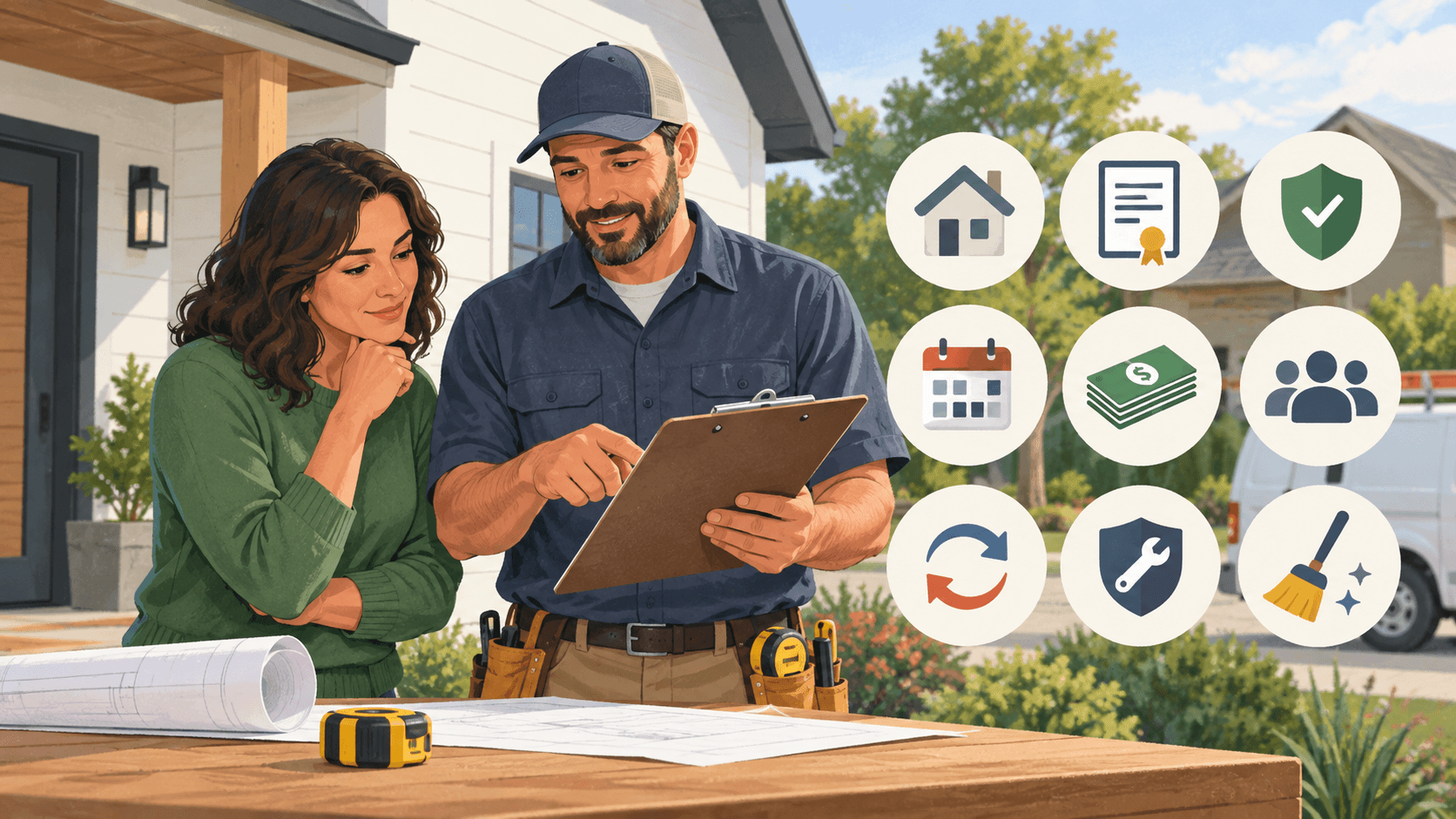 A contractor reviewing a project clipboard and blueprint with a homeowner alongside question topic icons