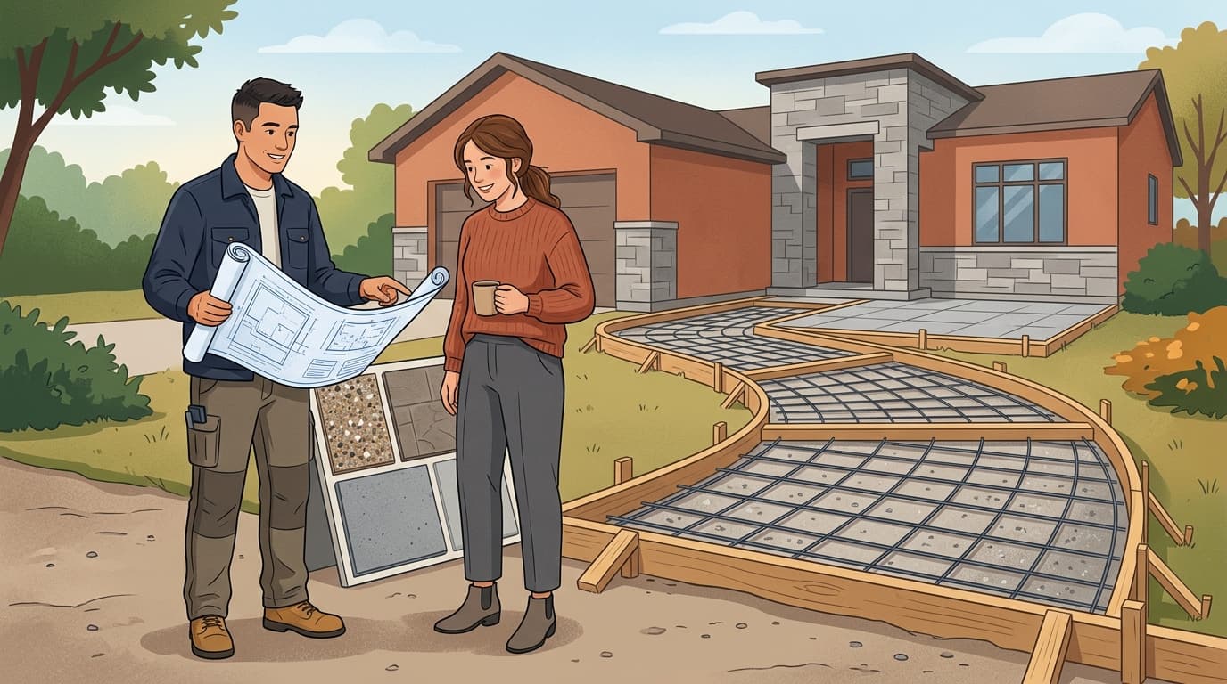 A concrete contractor and homeowner reviewing blueprints and concrete finish samples beside wooden driveway forms