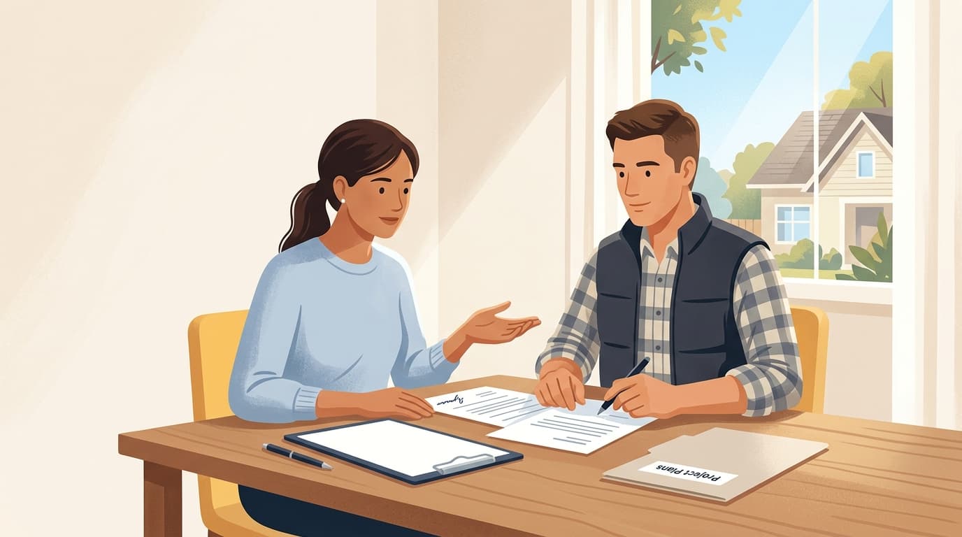 A homeowner and contractor reviewing signed lien waiver documents at a residential meeting table