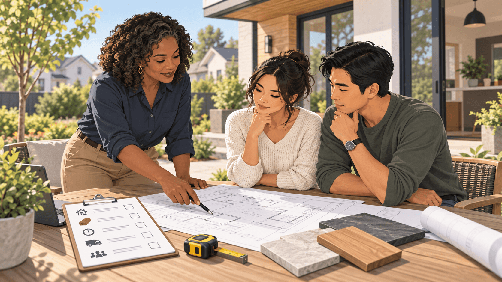 Contractor and homeowners reviewing architectural plans and project scope checklist