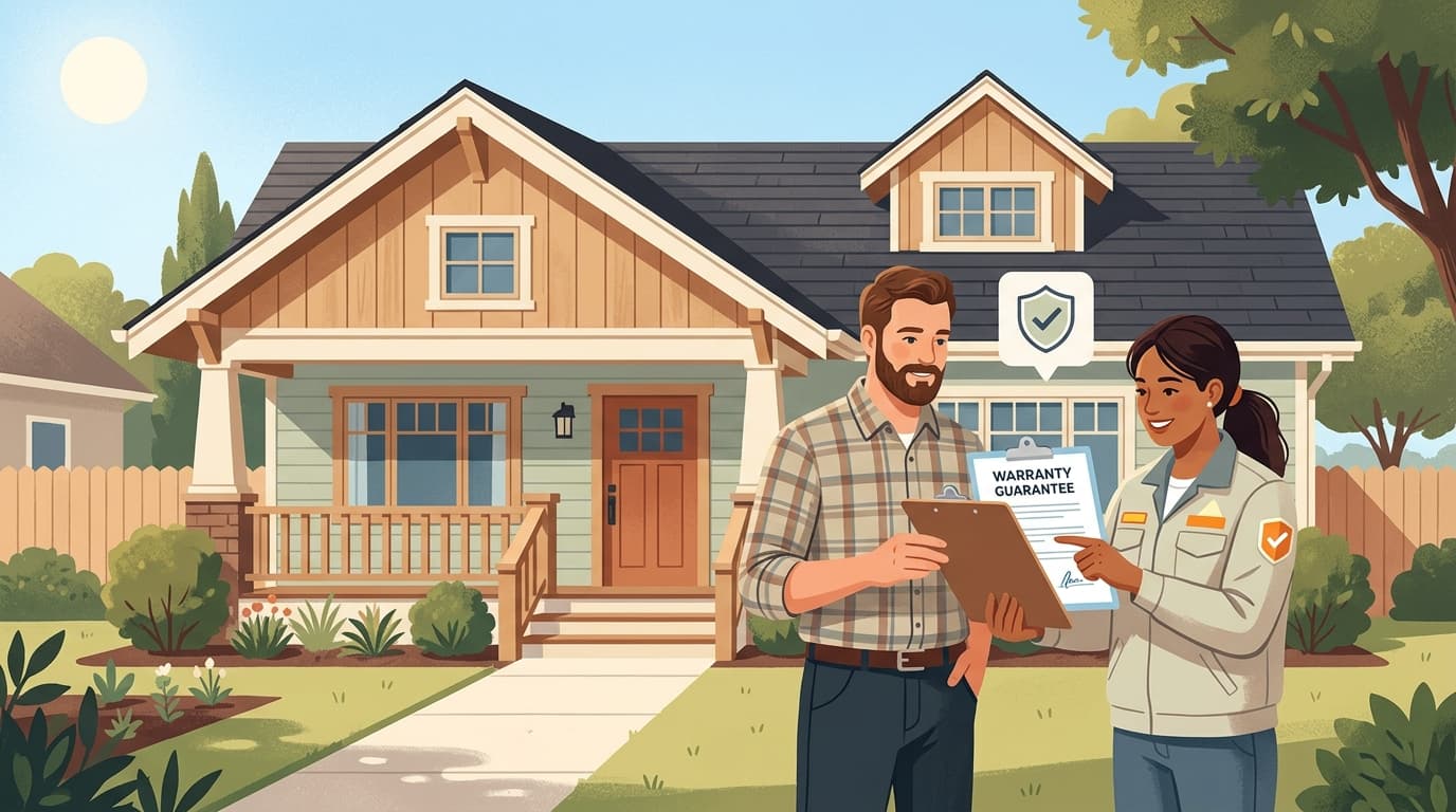 A contractor and homeowner reviewing a written warranty guarantee certificate and inspection clipboard outside a residential home