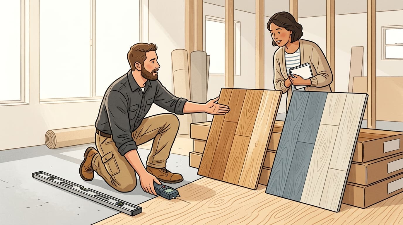 A flooring contractor using a level and moisture meter on a subfloor while explaining flooring plank samples to a client