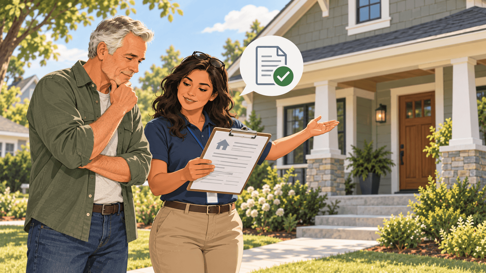 An inspector explaining building permit verification documents outside a residential home