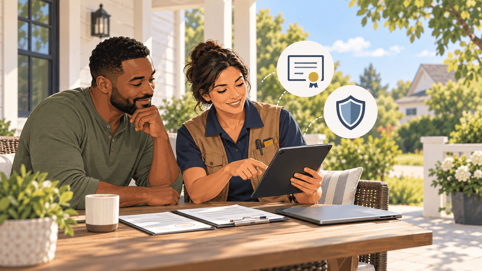 Contractor presenting verified trade licenses and insurance credentials on a tablet to a homeowner