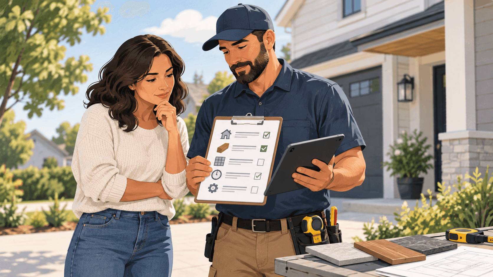 A homeowner reviewing a quote checklist and material samples with a contractor