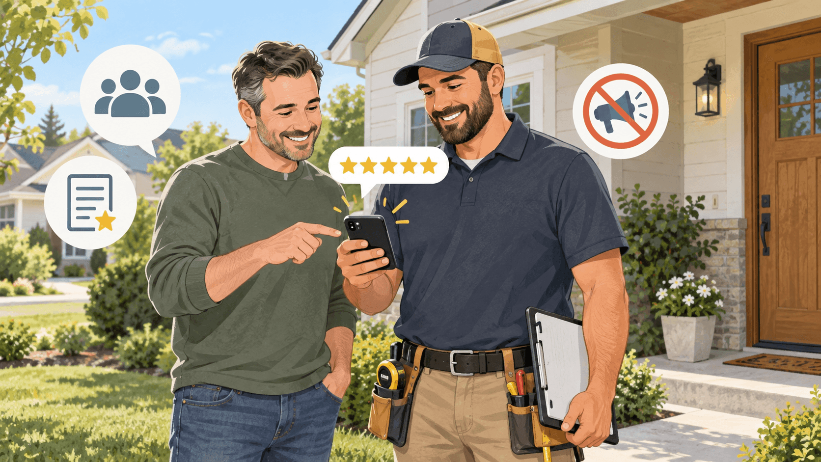 A contractor and homeowner looking at a 5-star review on a smartphone alongside customer feedback and policy icons