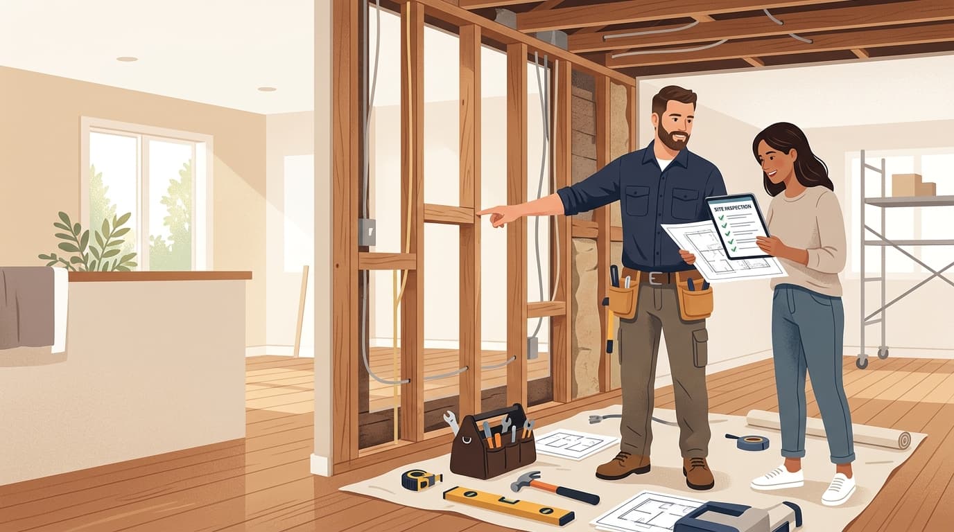 A contractor and homeowner reviewing exposed wall framing and structural blueprints while documenting a change order on a digital tablet