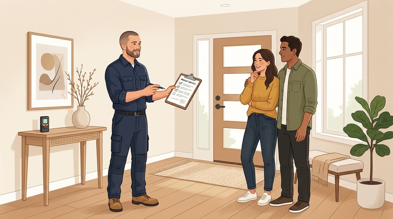 A contractor with a checklist and digital measurement tool conducting a professional residential consultation with homeowners