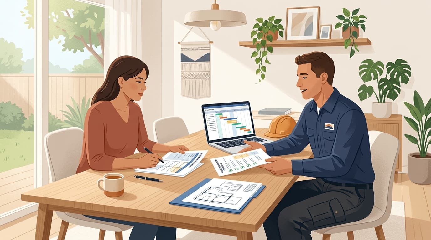 A contractor and homeowner seated at a dining table reviewing a milestone payment schedule and project completion checklist