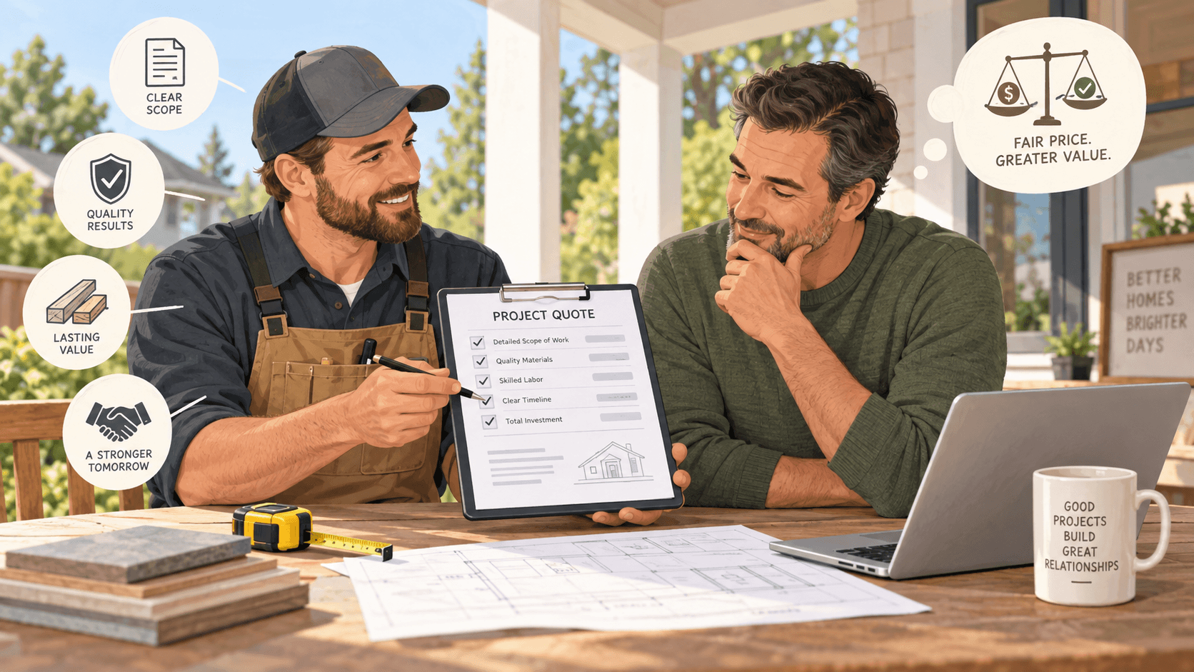 A contractor presenting a detailed written project quote checklist and material samples to a homeowner