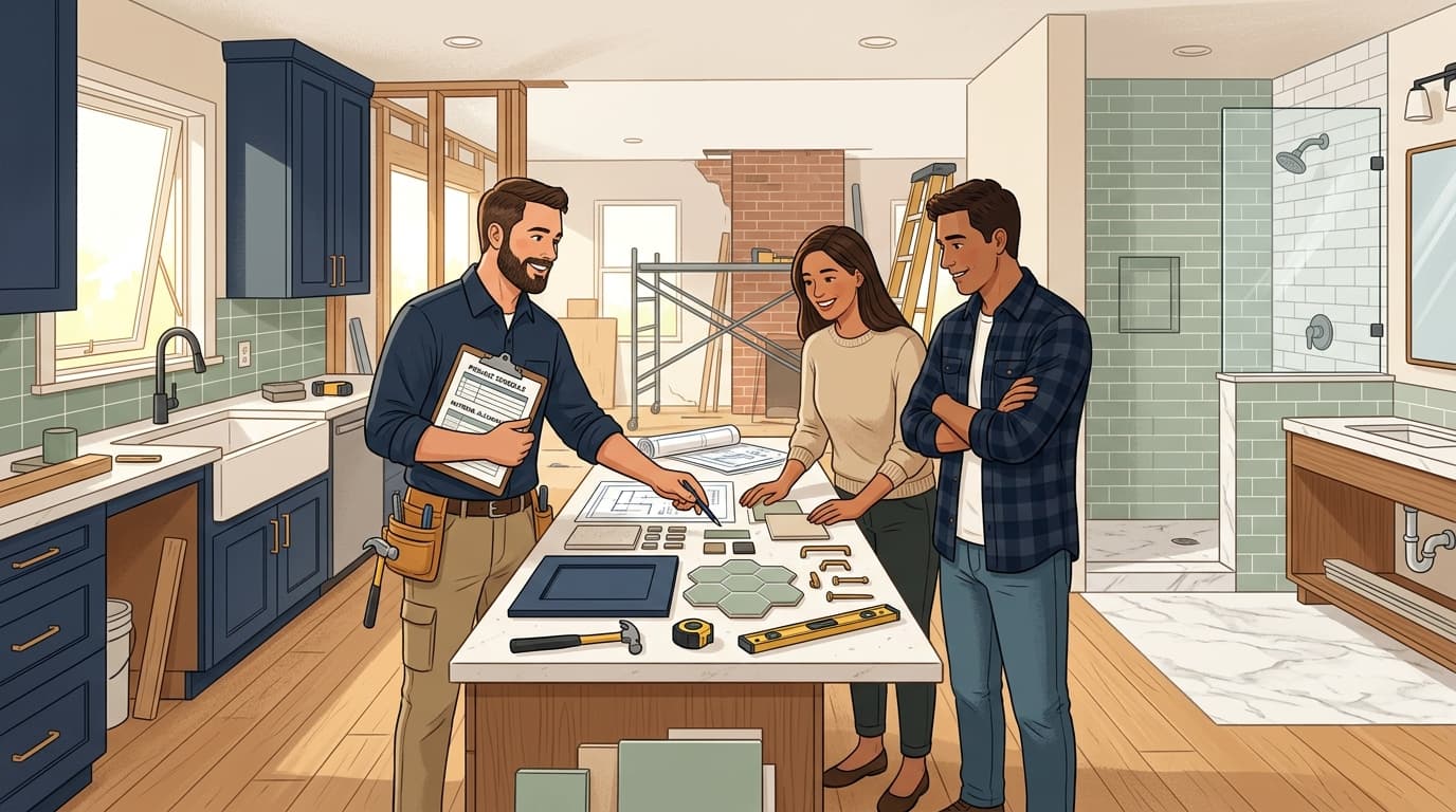 A remodeling contractor and homeowners reviewing renovation plans, schedule, and material samples at a kitchen island