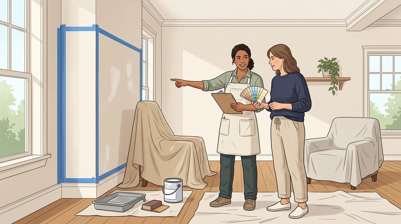 A professional painter and homeowner reviewing paint swatches and surface prep checklist in a residential living room