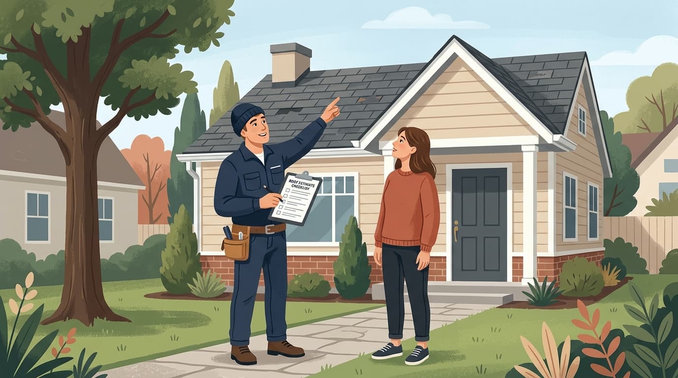 A roofing contractor and homeowner reviewing roof shingles and inspection checklist outside a residential home