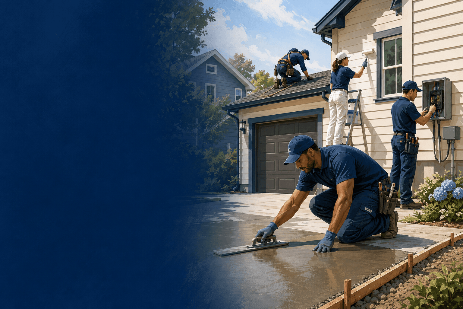 Illustration of local contractors working on a home renovation