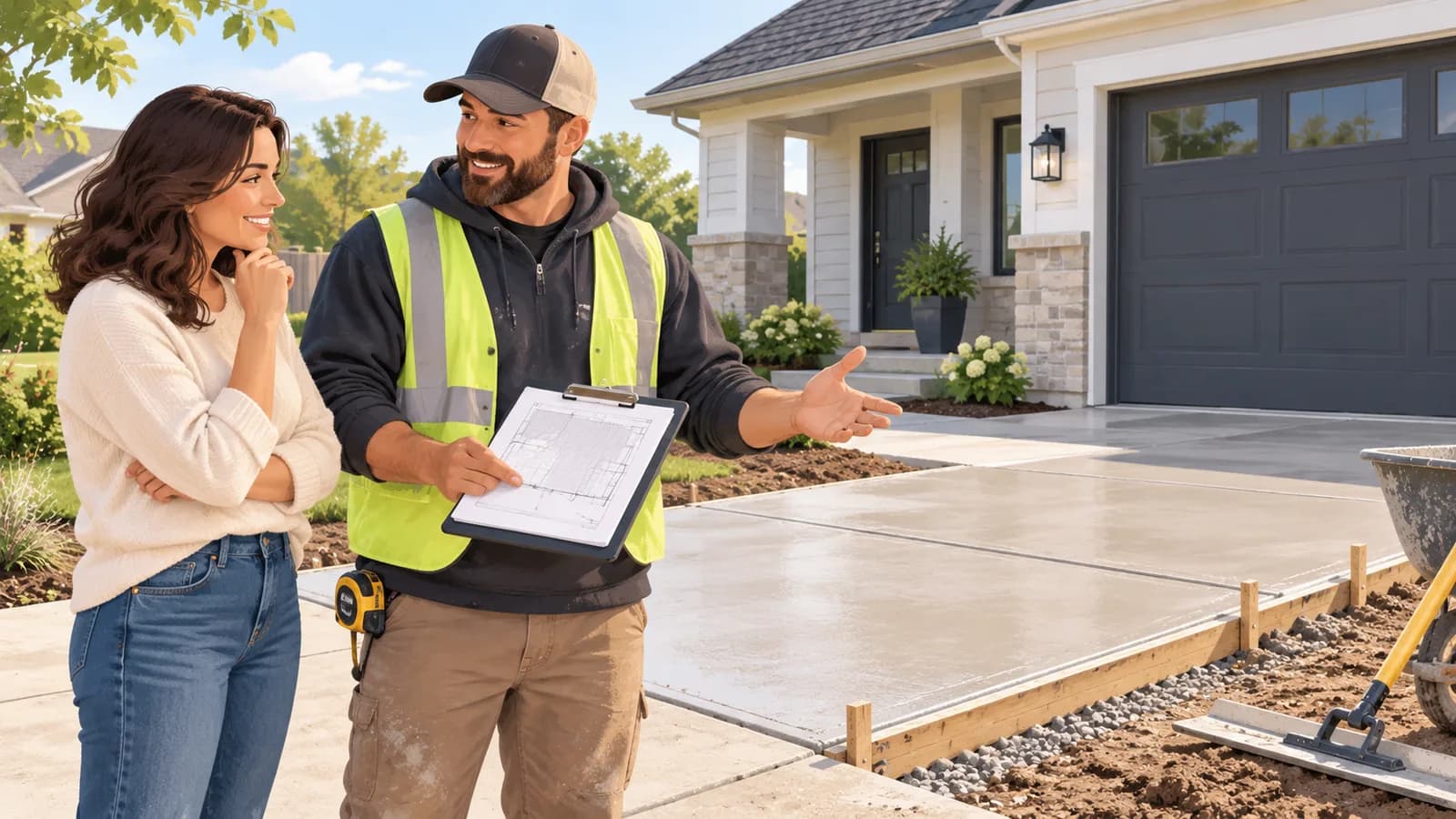 A concrete contractor and homeowner reviewing blueprints in front of a freshly poured driveway