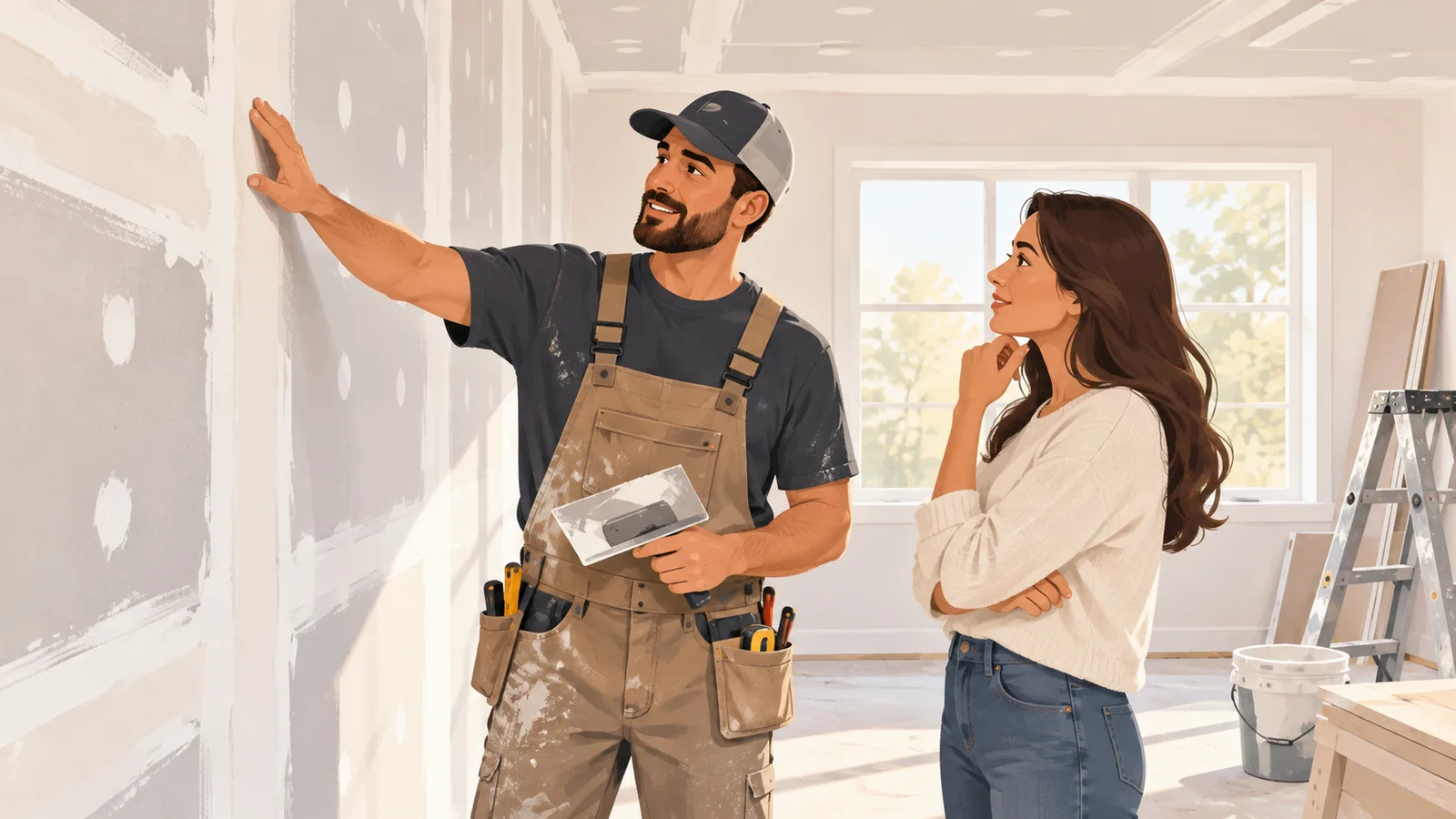 A drywall contractor showing smooth taped and finished drywall seams to a client