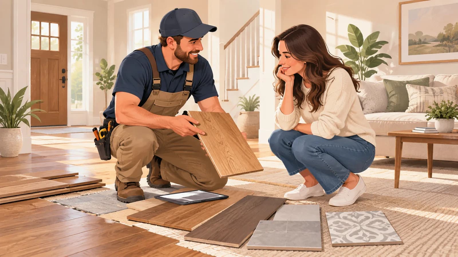 A flooring contractor presenting hardwood and tile floor samples to a homeowner