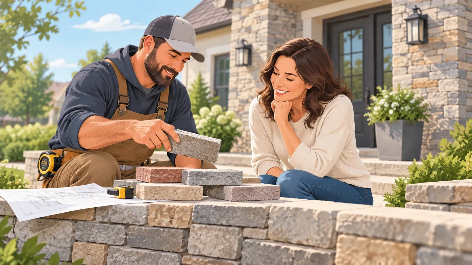 A masonry contractor demonstrating stone and brick samples to a homeowner at a stone retaining wall