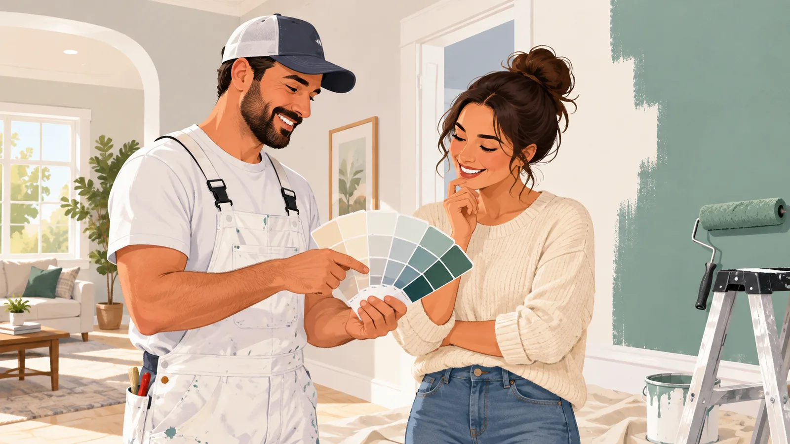 A professional painting contractor and homeowner discussing paint swatches in a bright residential home