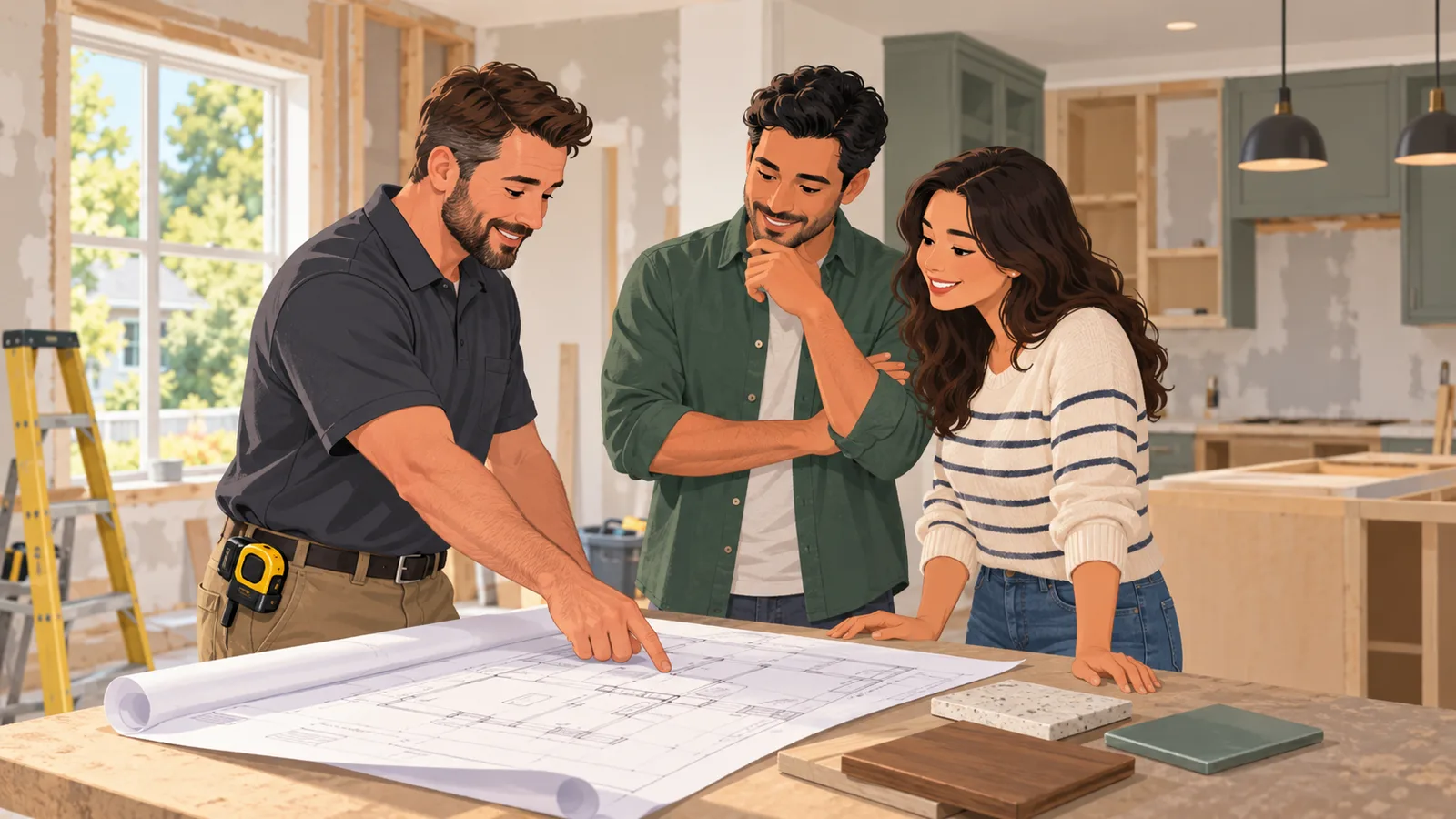 A remodeling contractor and homeowners reviewing home renovation blueprints in a kitchen under remodel