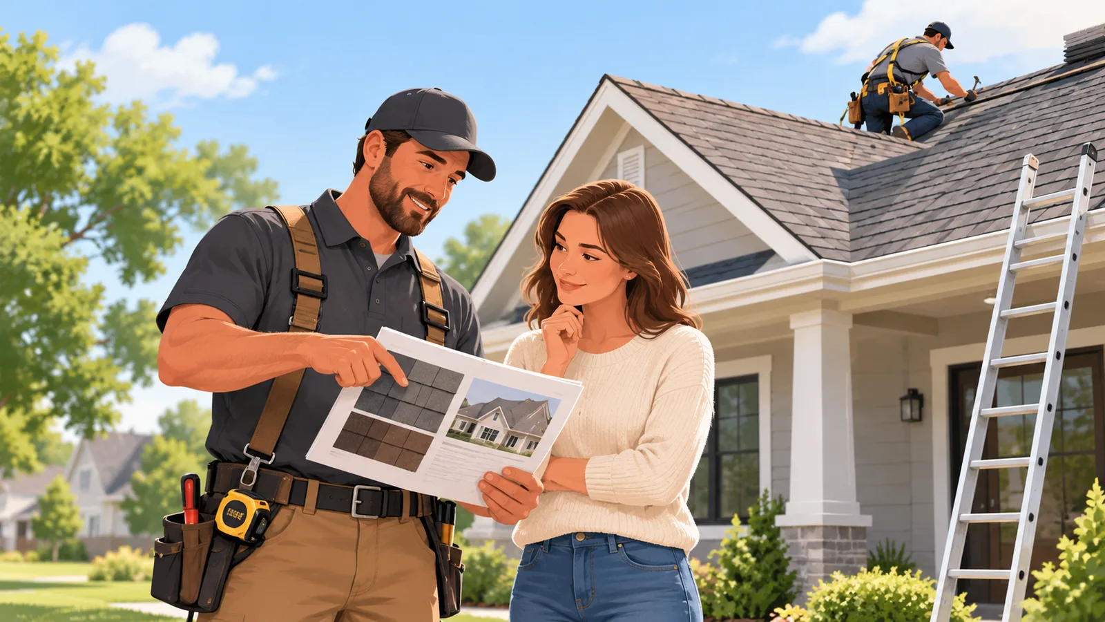 A roofing contractor reviewing shingle options with a homeowner in front of a house undergoing roof work